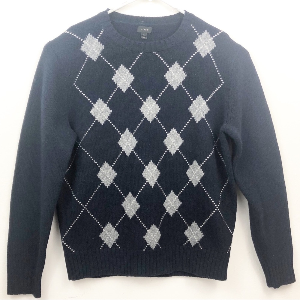 J. Crew Navy Lambs‎ Wool Argyle Sweater Size Large